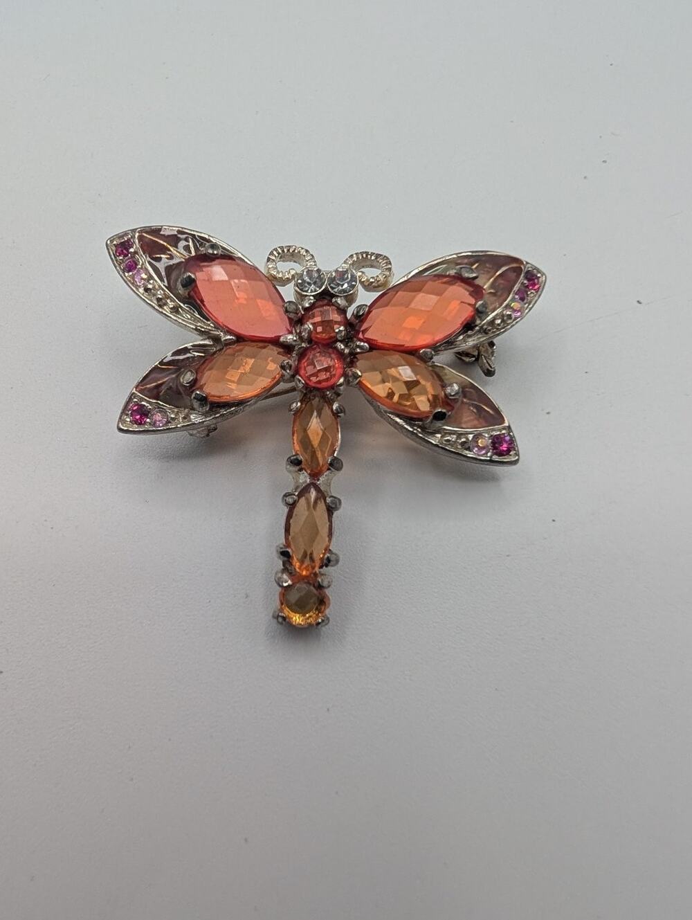 Vintage Style Dragonfly Brooch Pin Pendant Orange Amber Rhinestone Crystal